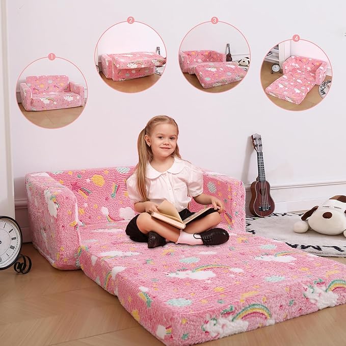 Foldable Kids Sofa Extra Wide for 2 Seats, Soft Kids Fold Out Couch Glow in The - Image 4