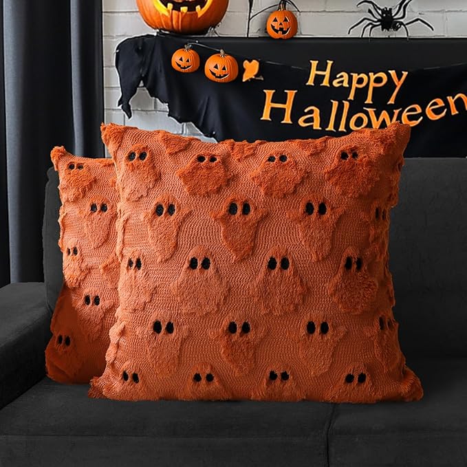 4TH Emotion Halloween Ghost Decorative Pillow Covers 16x16 Set of 2, Rust Red by 4THEmotion