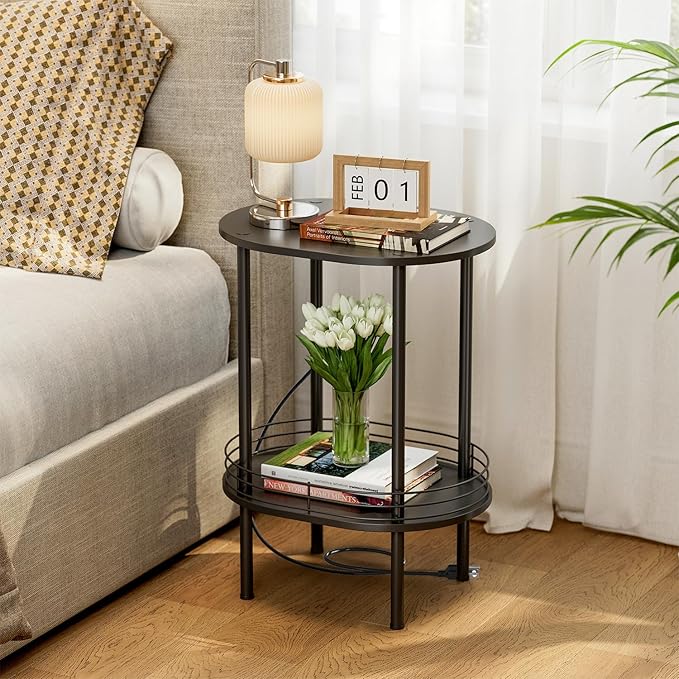 Small Round Side Table with Charging Station, Bedside Table with 2 USB Ports - Image 3