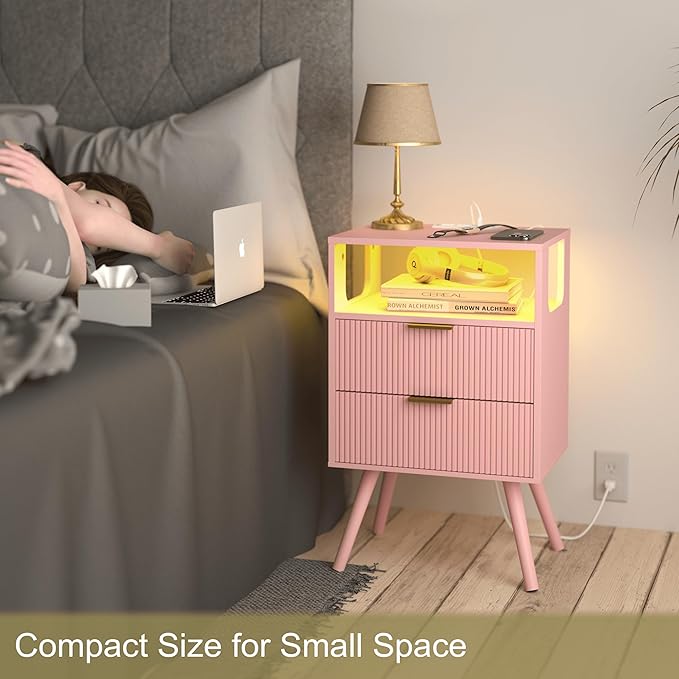 Pink Nightstand with Charging Station and LED Lights, Modern Bedside Table with - Image 6