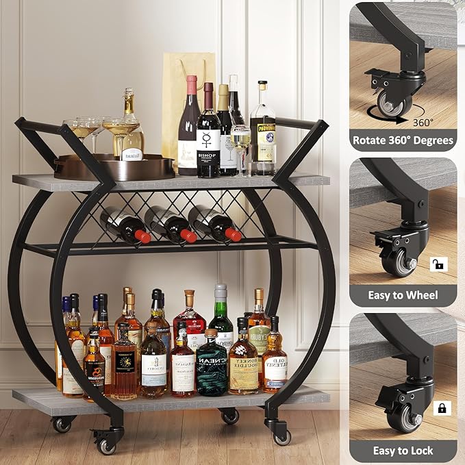 LVB Bar Cart with Wine Rack, 2 Tier Farmhouse Kitchen Cart on Wheels, Modern - Image 5