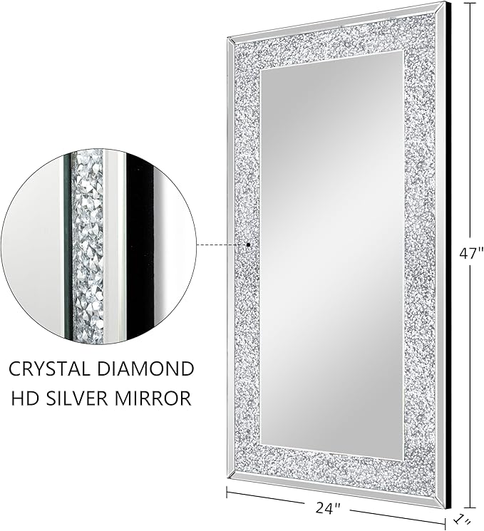 Crystal Crush Diamond Wall Mirror-47 x24 Silver Mirror, Gorgeous Rectangle - Image 4