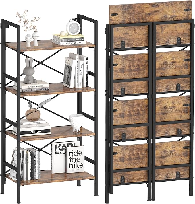 Folding Bookshelf, 4 Tier Bookcase Foldable Shelf by Homeiju