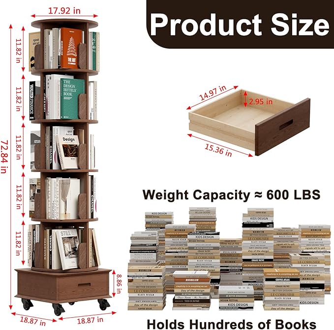 Solid Wood Rotating Bookshelf Tower on Wheels, 5-Tier Spinning Bookcase - Image 2