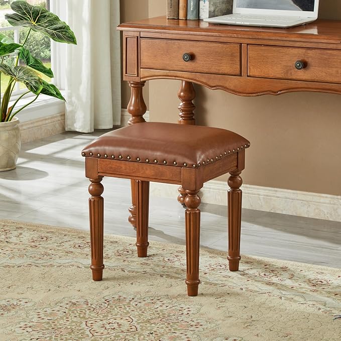 Vanity Bench Stool with Microfiber Leather Cushion, Vanity Chair Ottoman by KIVSON