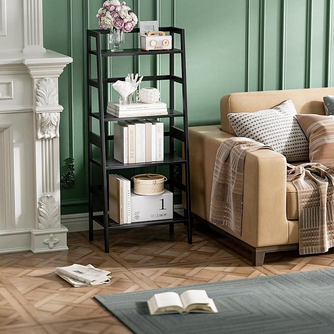 HITNET Black Bookshelf, 4-Tier Ladder Shelf, Freestanding Leaning Bookcase - Image 7