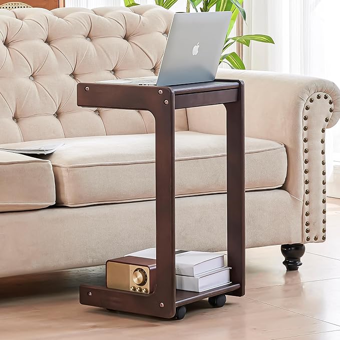 CozyDH C Shaped Solid Wood End Table, Rolling Side Table TV Sofa Tray Table by CozyDHDuvetCover
