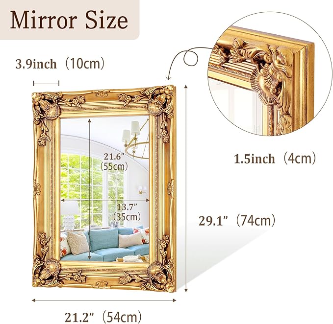 Antique Wall Mirror, 29.1'' x 21.2''Vintage Baroque Mirror - Image 7