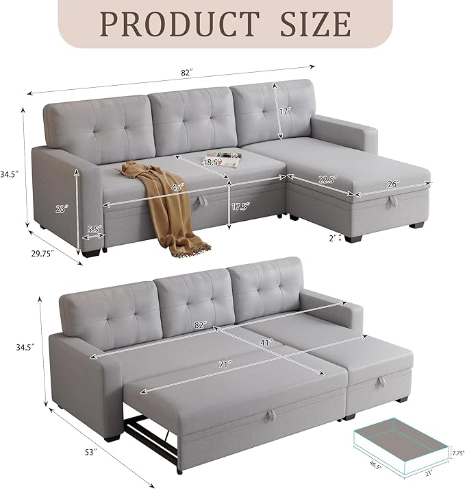 Ball & Cast L-Shape Convertible Sectional Sleeper Sofa Bed 4 in 1 Pull Out Couch - Image 2