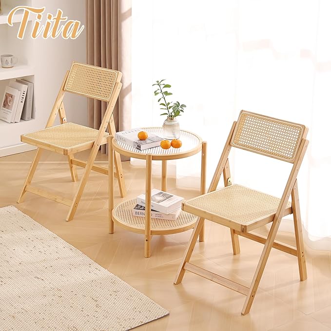 Tiita Rattan Dining Chairs Set of 2, Mid Century Modern Folding Chair, Bamboo - Image 6