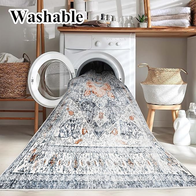 Area Rug 8x10 Washable Rug Orange Gray Vintage Traditional Mat Distressed - Image 2