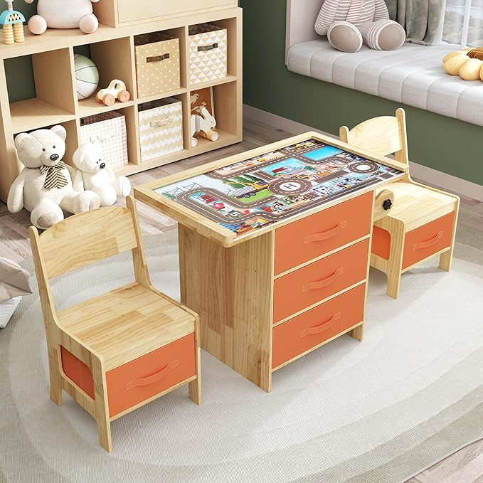 Pine Wood Kids Table and Chair Set 3 in 1 Wooden Toddler Table by Timechee