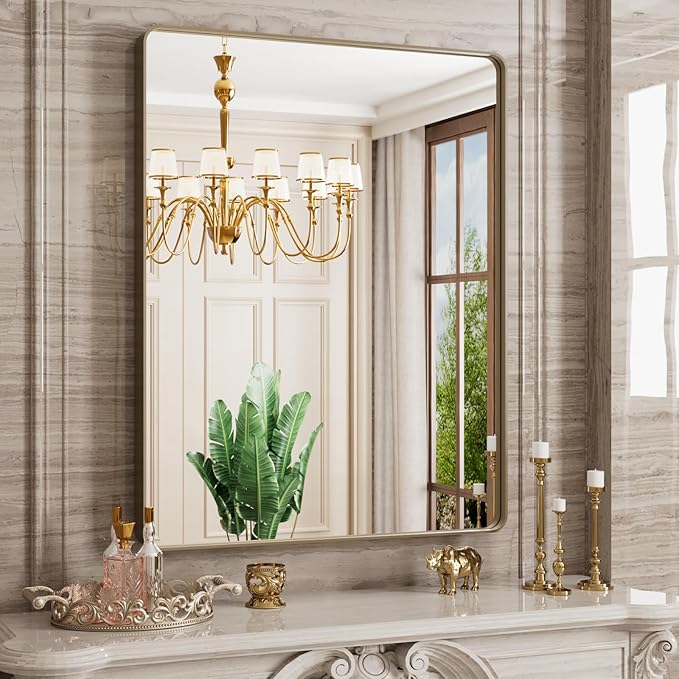 Bronze Bathroom Mirror 28x36 Inch, Brushed Bronze Metal Frame Mirror by JISOSO