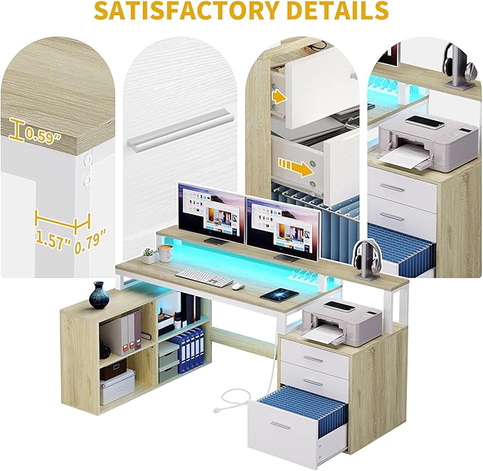 DWVO L Shaped Desk with Drawers, Corner Home Office Desk with Storage Shelves & - Image 7
