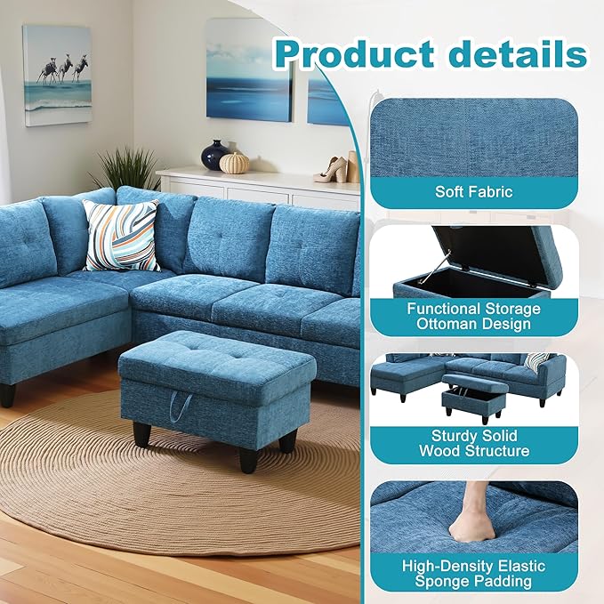 L Shaped Couch Modern Sectional Couch Upholstered Flannel Fabric 3 Pieces Sofas - Image 5