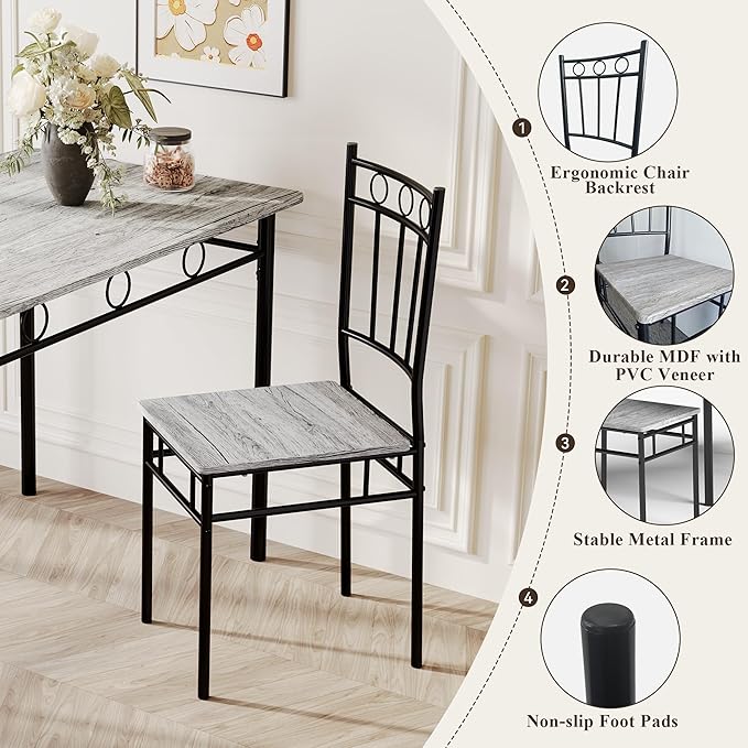 5 Piece Dining Table Set, Modern Metal&Wood Kitchen Dinner Table - Image 4