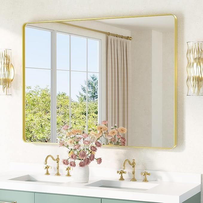 TETOTE 48 x 36 Inch Gold Mirrors Brushed Gold Metal Framed Bathroom Mirror by TETOTE
