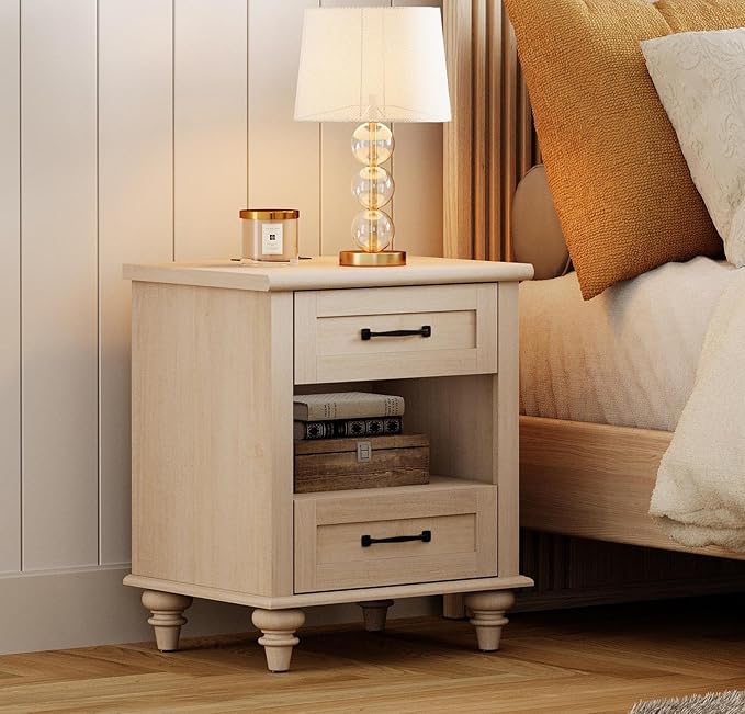WAMPAT Beige Side Table with Charging Station, Elegant Nightstand by WAMPAT