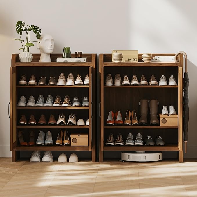 Shoe Cabinet Storage for Entryway, Natural Rattan Storage Cabinet, Wooden Shoe - Image 4