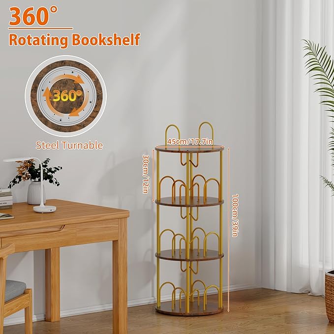 3 Tier Rotating Bookshelf, 360° Spinning Bookshelf Tower, Round Narrow Space - Image 3