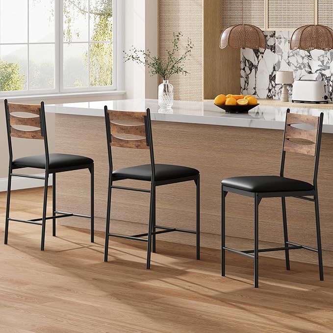 GarveeHome Bar Stools Set of 2, Wooden Barstools, Faux Leather Upholstered Bar by GarveeHome