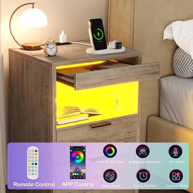 Gadroad LED Nightstand with Charging Station, Bedside Table with 3 Drawers and - Image 4