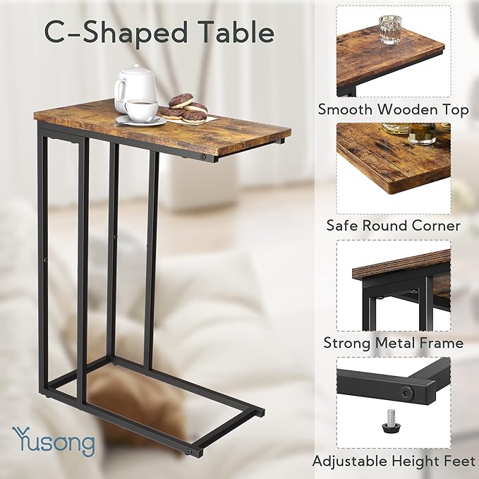 Yusong Small C Shaped End Table, Slim Couch Side Tables Slide Under Sofa Bed - Image 5