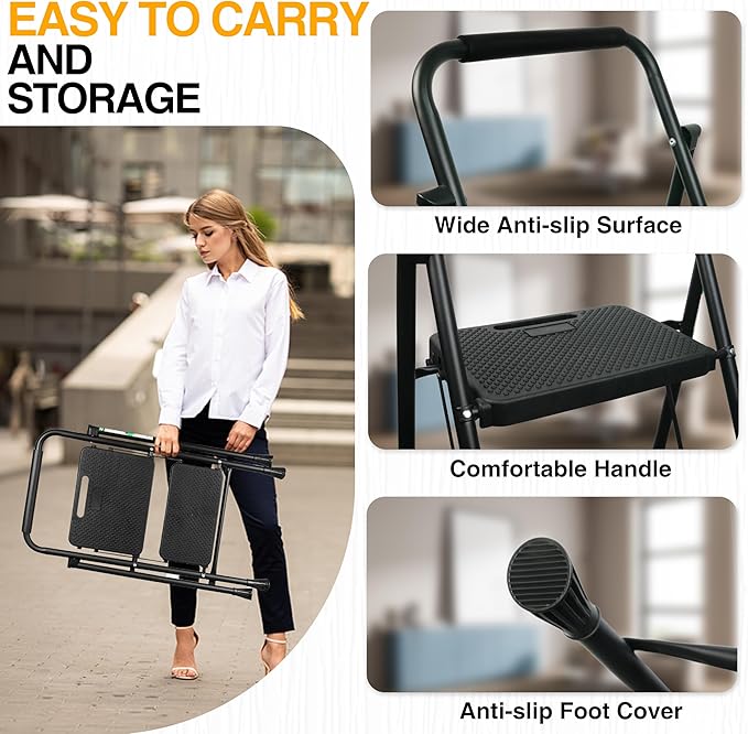 2 Step Ladder, Portable Steel Folding Step Stool - Image 6