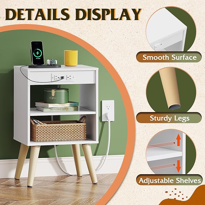 WLIVE White Nightstand, Bedside Tables, Night Stand - Image 6