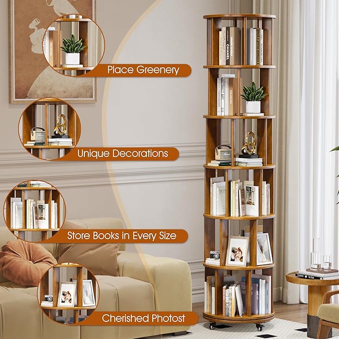 6 Tier Solid Wood Rotating Bookcase - Image 5