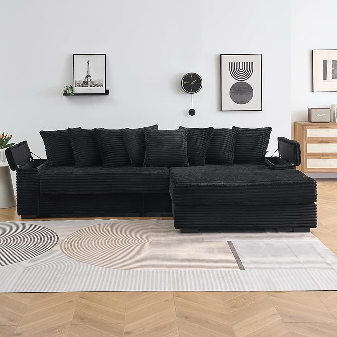 KEIKI 114" Corduroy Sofa with Cup Holders & Storage, L Shaped Sleeper Cloud - Image 6