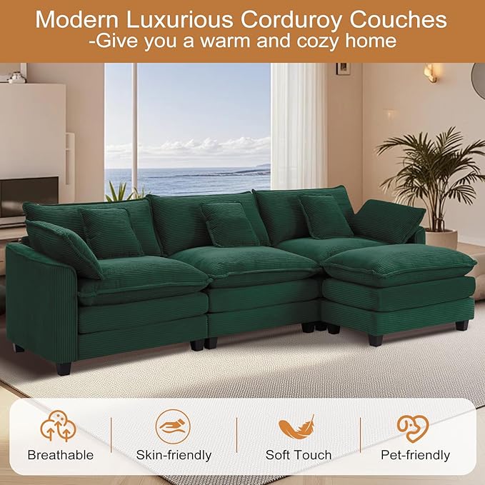 Furniliving 117‘’ L-Shaped Sofa, Luxury Corduroy Modular Sectional Couches - Image 7