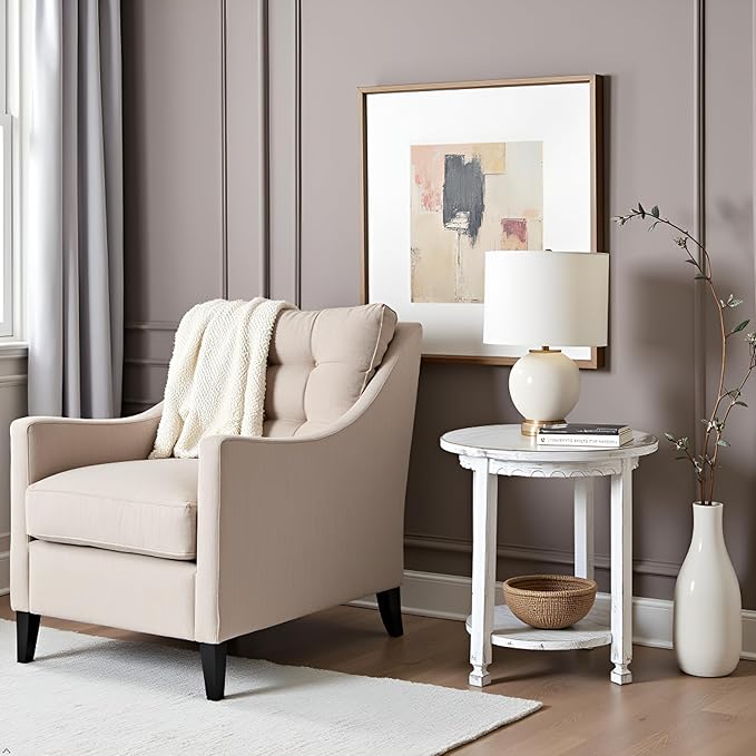Rustic Cottage Round End Table w/ 1 Shelf, Farmhouse Style - Image 7