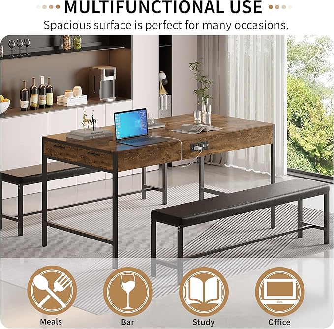 VECELO 65" Dining Table Set for 4-6, 3-Piece Kitchen Set - Image 6