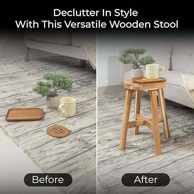 Round Stool Acacia Wood, Easy Assembly, Natural Wax Finish, Wooden Stool - Image 4