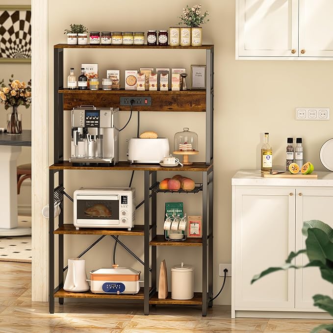 SUPERJARE Bakers Rack with Power Outlet, 35.4 Inches Coffee Bar with Wire Basket - Image 2