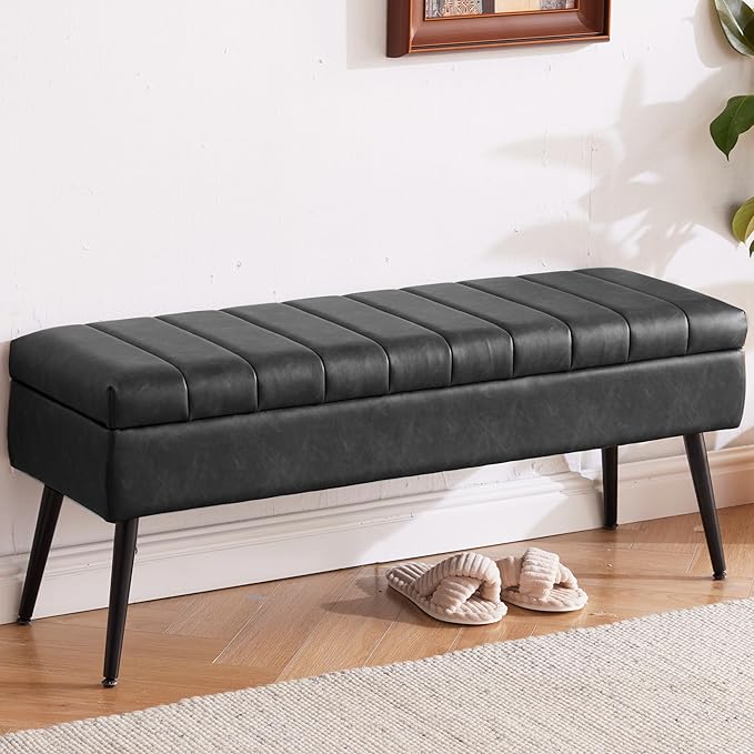 CUYOCA Storage Ottoman Bench, 43.5" Faux Leather Upholstered Entryway Bench - Image 4