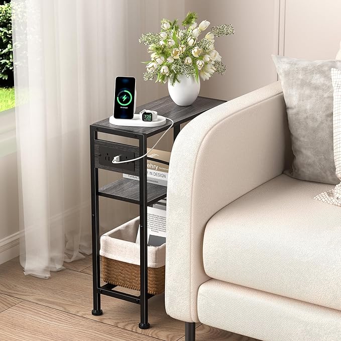 Small Narrow Side Table with Charging Station, Skinny End Table - Image 8