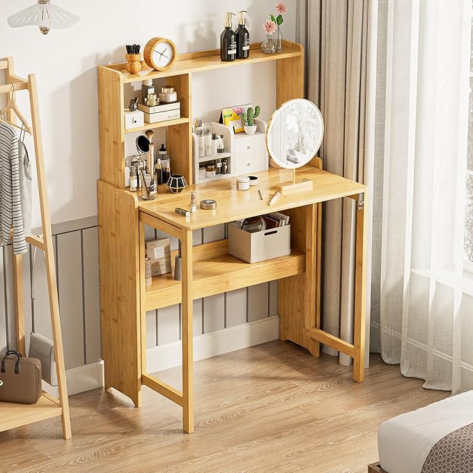 31.1" Bamboo Folding Desk with Bookshelf, Compact Computer Desk - Image 7