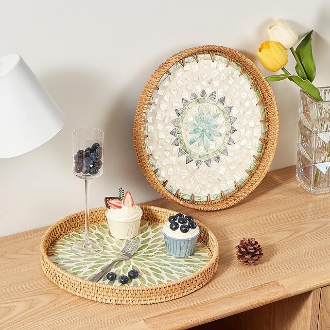 Round Rattan Tray with Mother of Pearl Inlay, Rattan Serving Tray with Wooden - Image 3