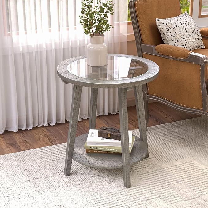 COSIEST 2-Tier End Table with Tempered Glass Top, Round MDF Side Table with by COSIEST