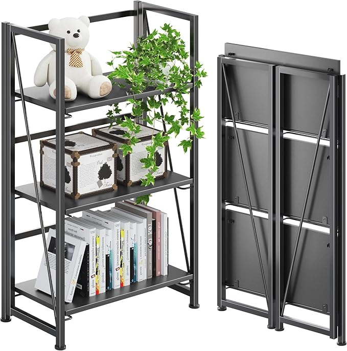 4NM No-Assembly Folding Bookshelf Storage Shelves 3 Tiers Vintage Bookcase by 4NM
