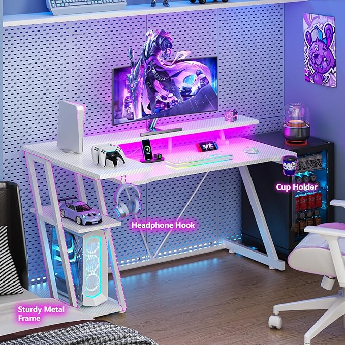 55 Inch White Gaming Desk with Power Outlet & LED Lights, L Shaped Computer - Image 6