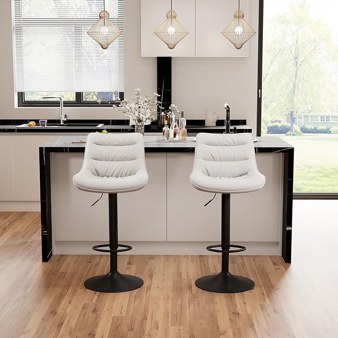 Kidol & Shellder Bar Stools Set of 2 Adjustable Swivel White, PU Leather - Image 8