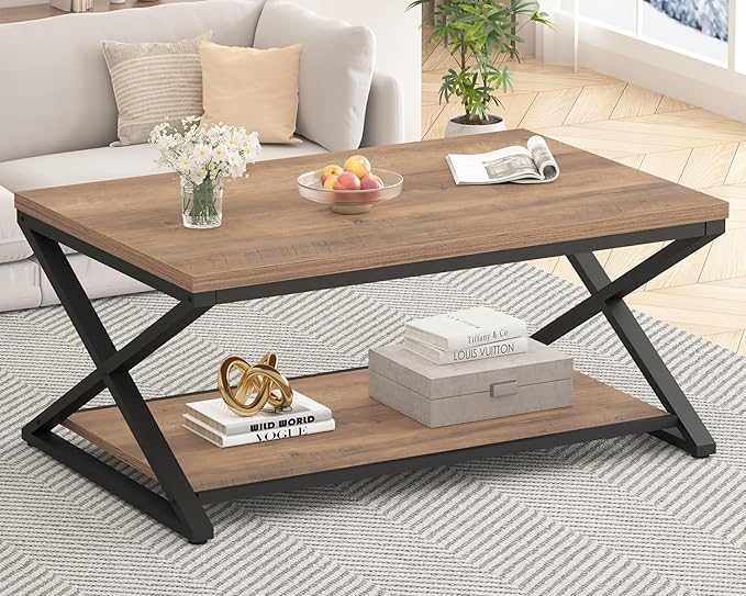 HSH Rustic Farmhouse Coffee Table, Modern Minimalist Wood and Metal Living Room - Image 3