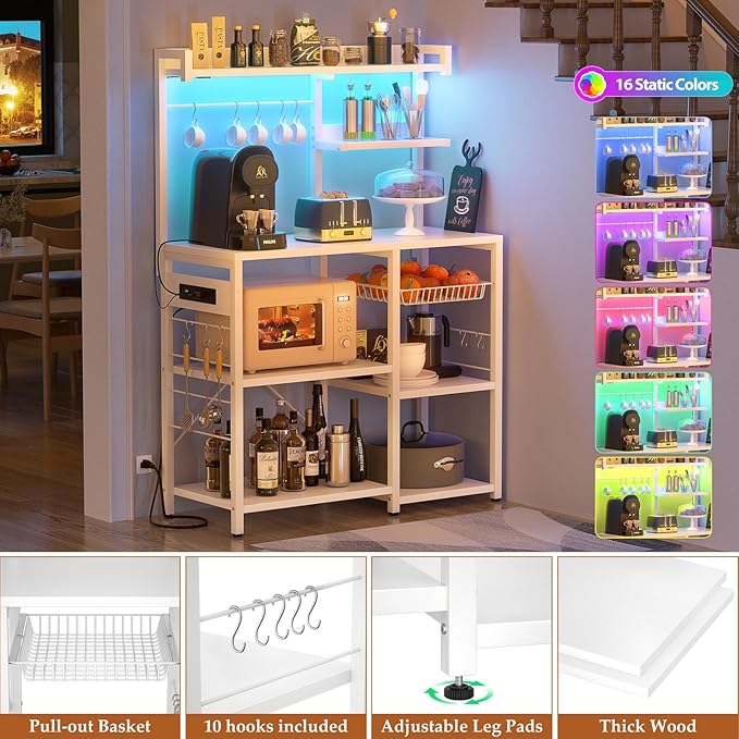 Aheaplus Bakers Rack with Power Outlet and LED Light Strings, Microwave Oven - Image 3