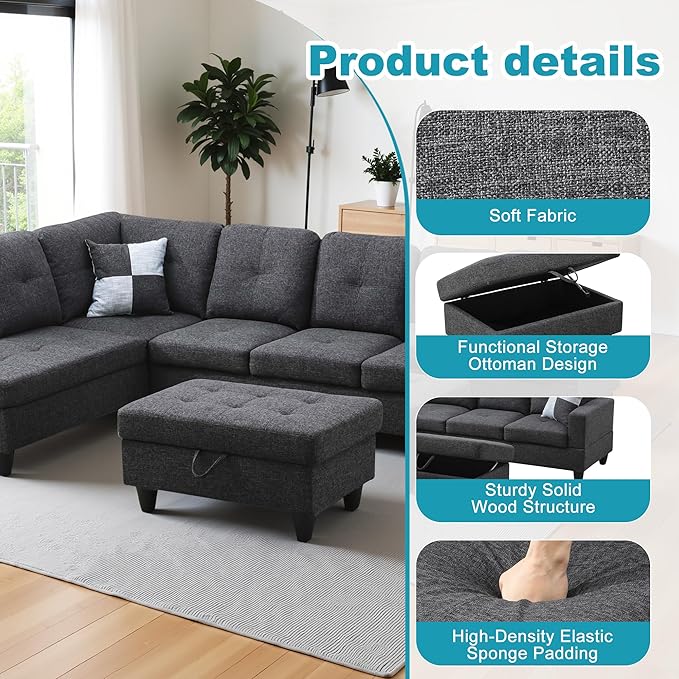 L Shaped Couch Modern Sectional Couch Upholstered Flannel Fabric 3 Pieces Sofas - Image 5