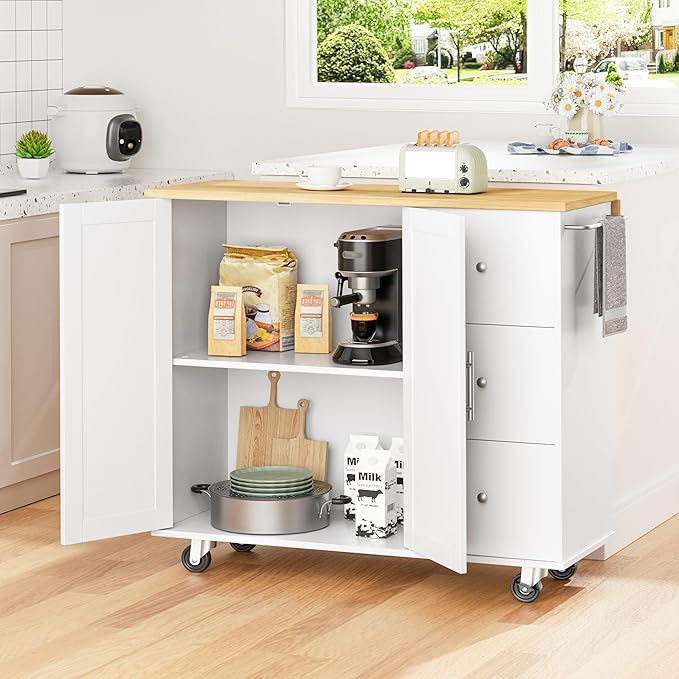 Shintenchi Kitchen Island with Folding Drop Leaf, Rolling Island Table with - Image 2