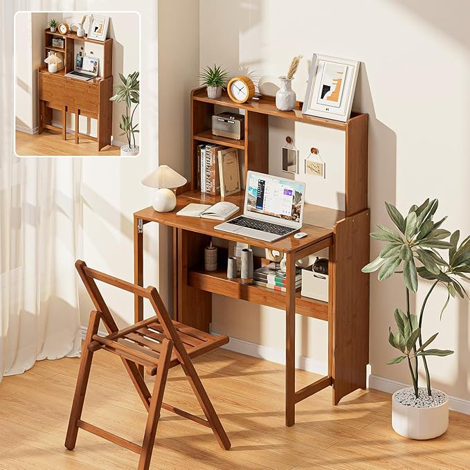 31.1" Bamboo Folding Desk with Bookshelf, Compact Computer Desk by Usofhaus
