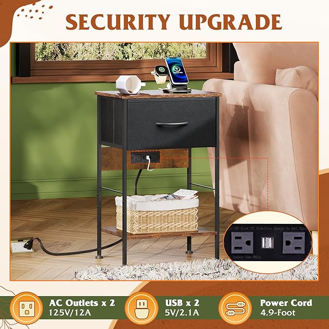 WLIVE Nightstand with Charging Station, Night Stand with 1 Fabric Drawer and - Image 4